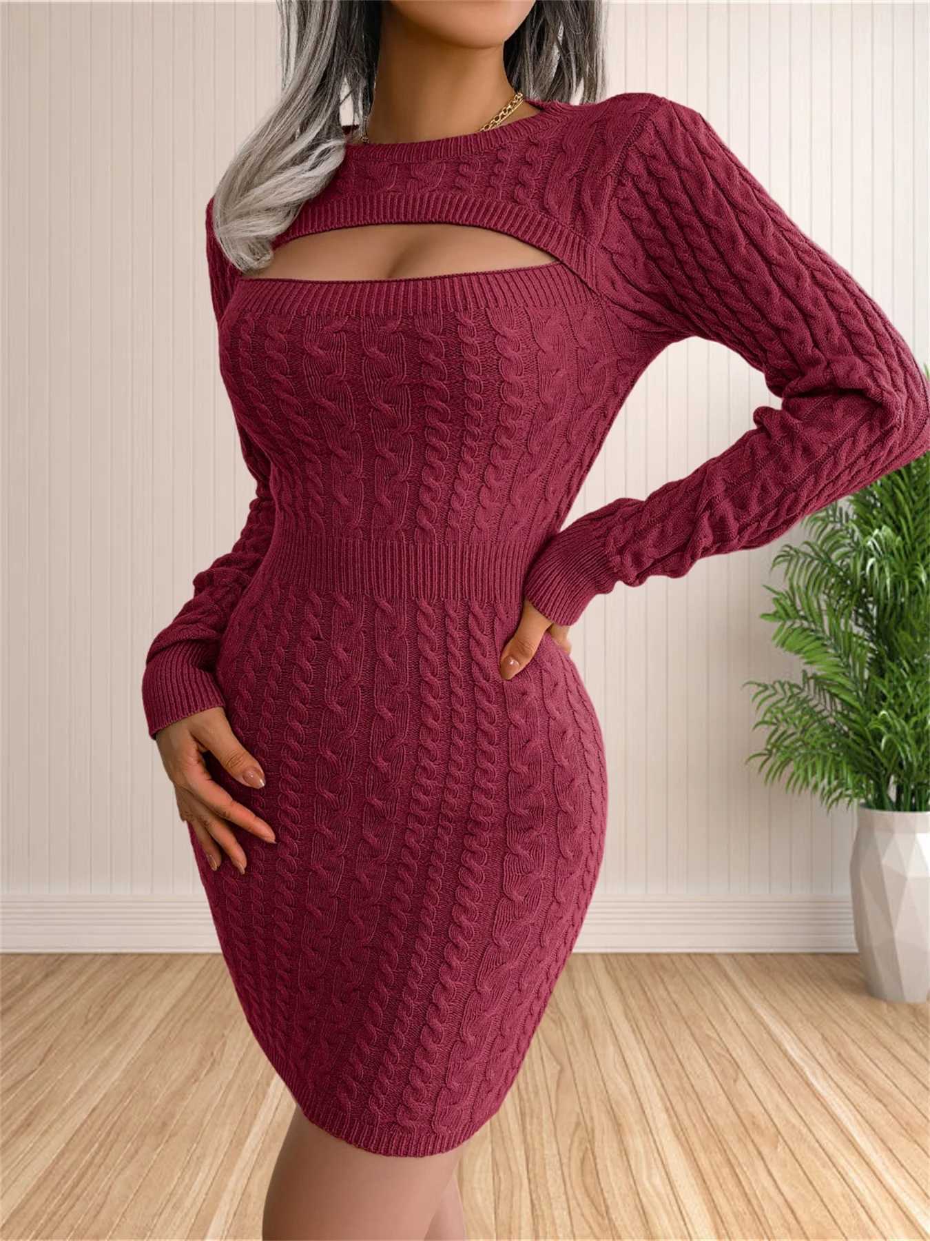 Womens Sexy Backless Cable Knit Sweater Dress Long Sleeve Bodycon Midi Dresses for Fall Winter M260311