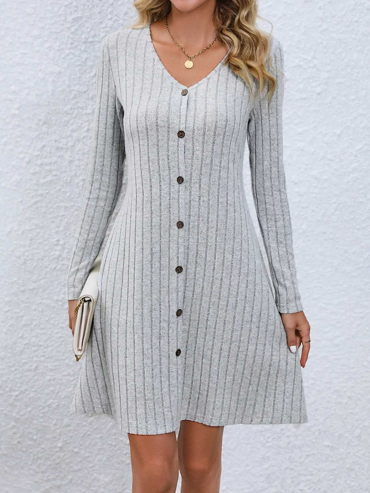 Fashion Solid Ribbed Knitted Mini Dress Women Button Long Sleeve A Line Dresses 2023 Autumn Lady Streetwear Robe M260311