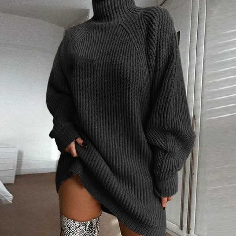 Autumn Winter New Simple Solid Color Mini Knitted Dresses Women Casual Loose Half Turtleneck Long Sleeve Pullover Sweater Dress M260311