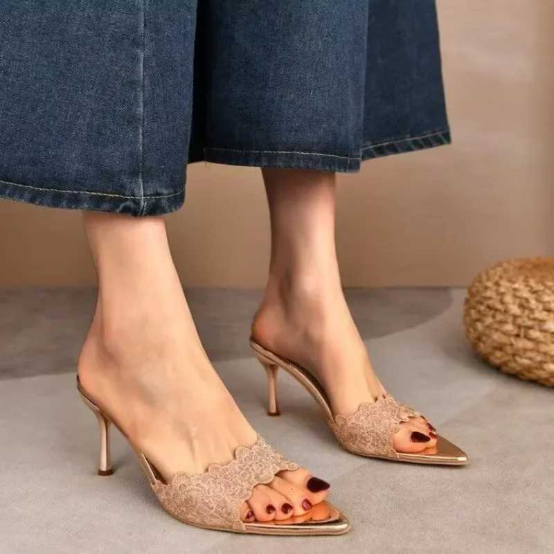 French champagne lace embroidered pointed high-heeled womens versatile sexy celebrity fish mouth stiletto sandals K260311