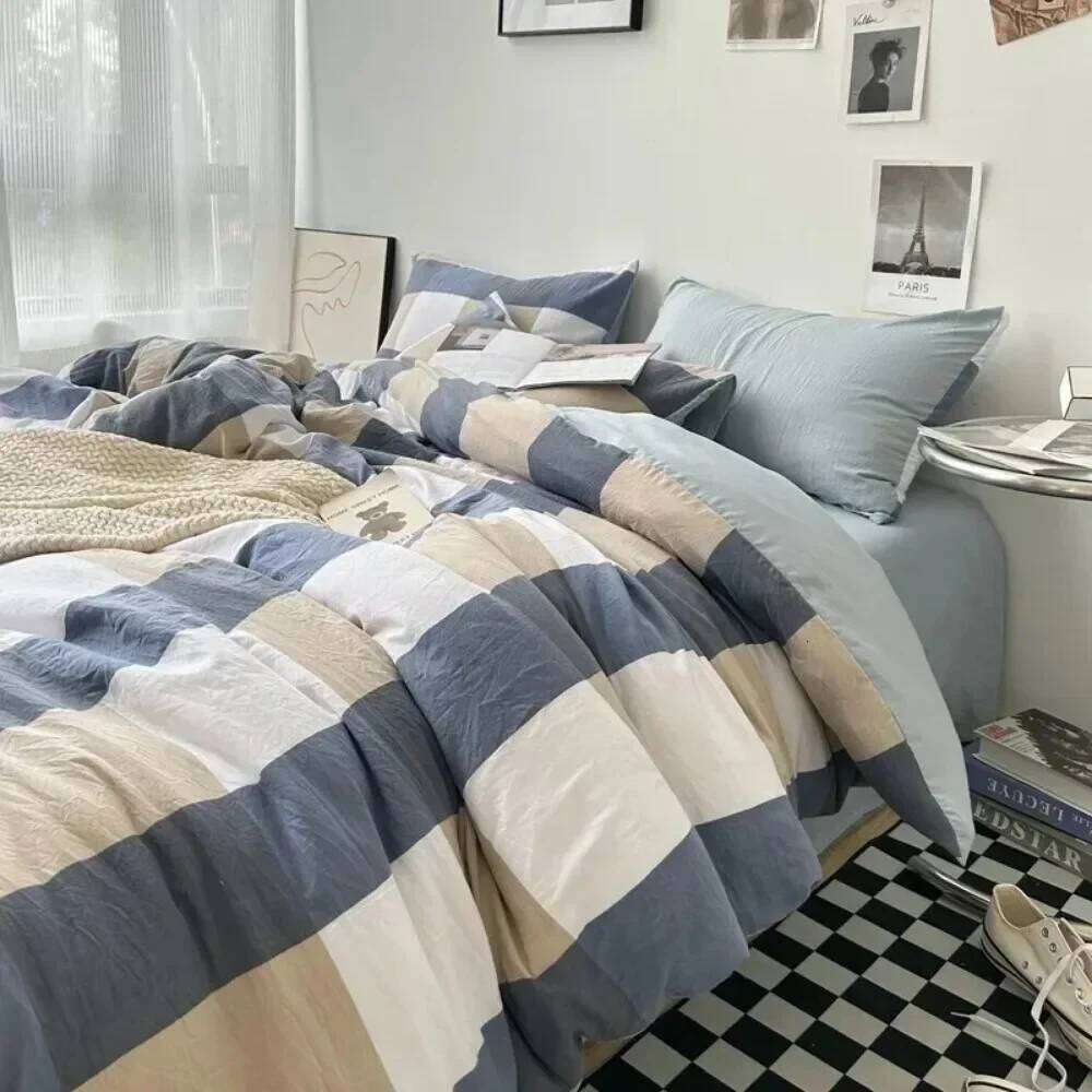 3/4PCS Striped Plaid Duvet Cover with Sheet 2Pillowcases Soft Skin Friendly No Filling Warm Twin Full Queen Size Bedding Set H260311