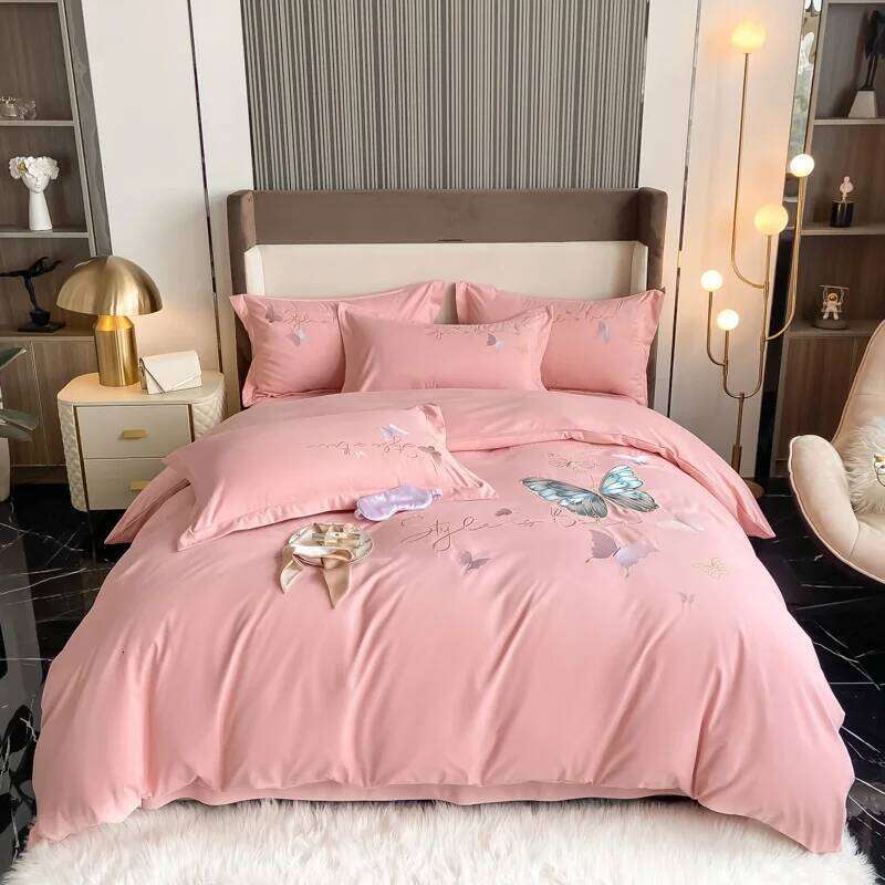 Light Brushed Butterfly Embroidery Four-Piece Sets Single Double Bedding Soft Duvet Cover Set Bed Sheet Pillowcases H260311
