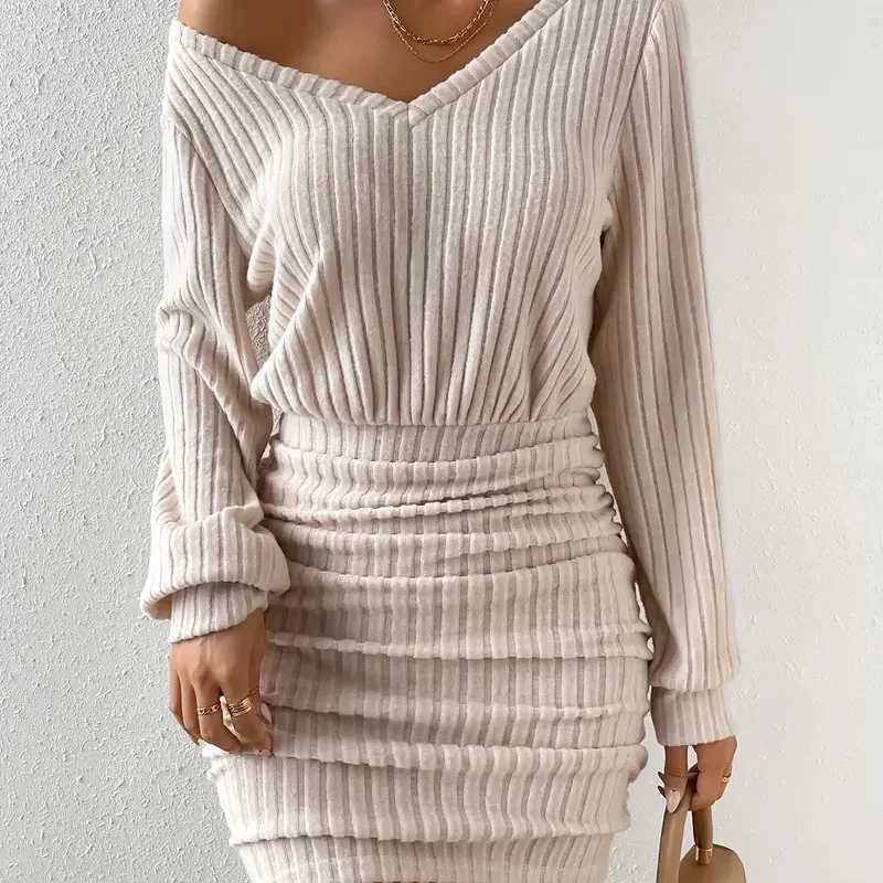 Womens 2025 Fall Winter Ribbed Knit Sweater Dress Casual Long Sleeve Sexy V Neck Bodycon Mini Dress M260311