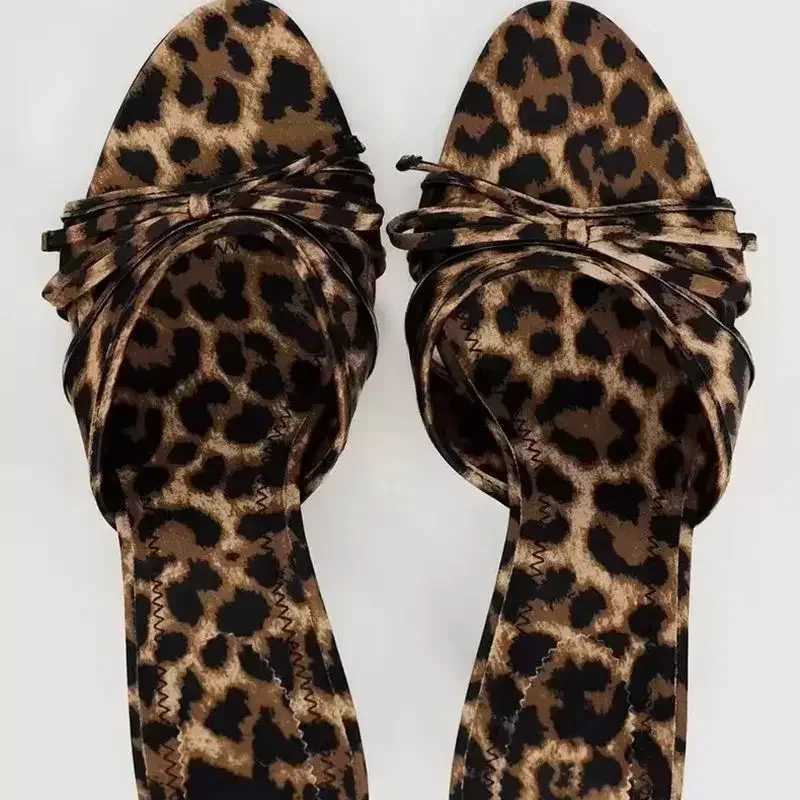 New European and American High Quality Women Shoes Bow Knot Leopard Print High Heel Slippers Women High Heel Sandals K260311