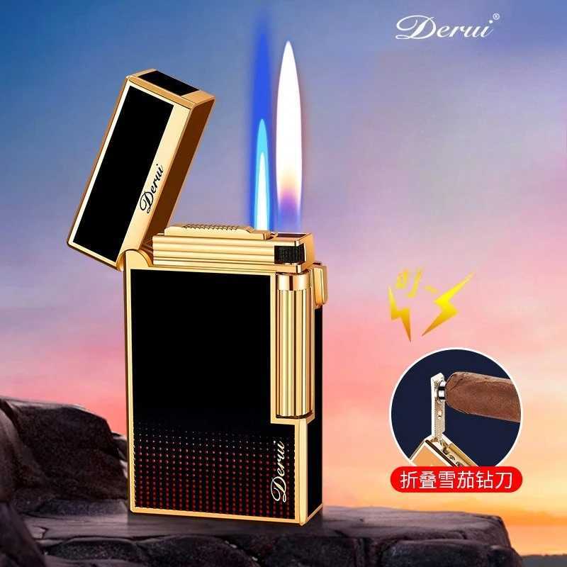 New DERUI Side Sliding Loud Sound Double Fire Lighter Metal Inflatable Mens Light Luxury Gift Double Fire Switch N260311