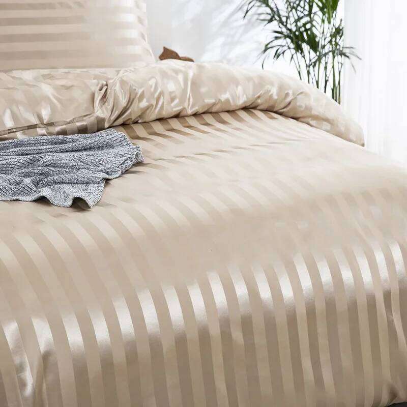 Satin Striped Twin/Full/Queen/King/Single/Double Size Set, Silky Like Khaki Stripe Duvet Cover Bedding Set H260311 - view 6