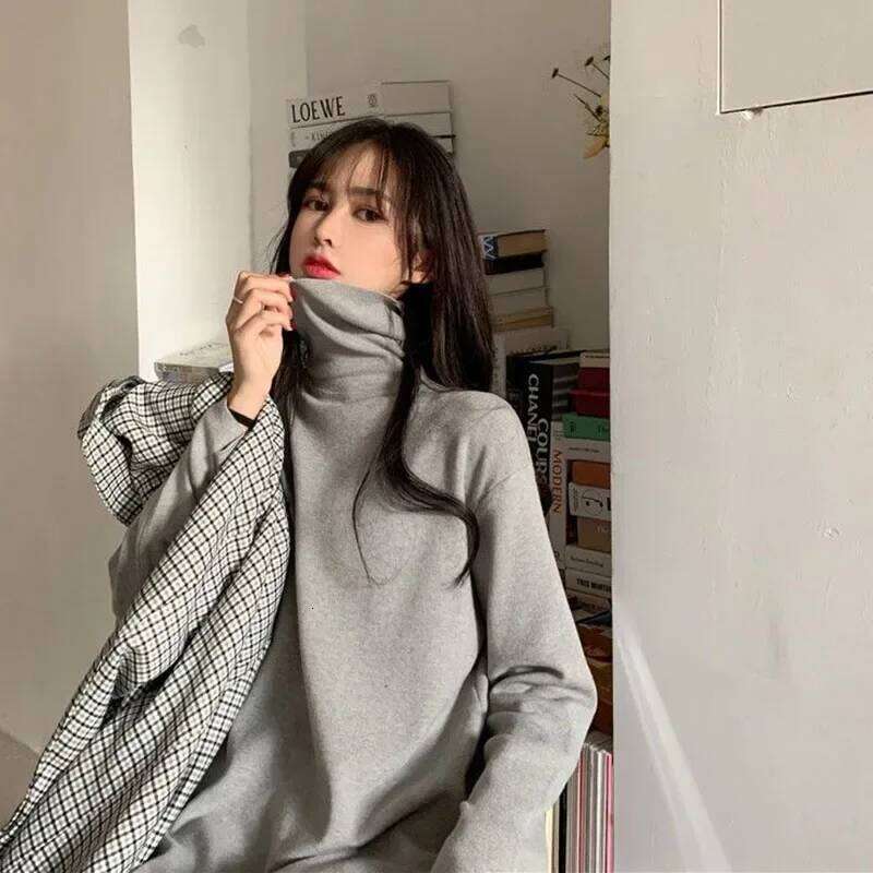 Smvp Fall Winter Turtleneck Women Basic Solid Casual Loose Long Sleeve Dresses Female Streetwear Side Split Dress Z260311