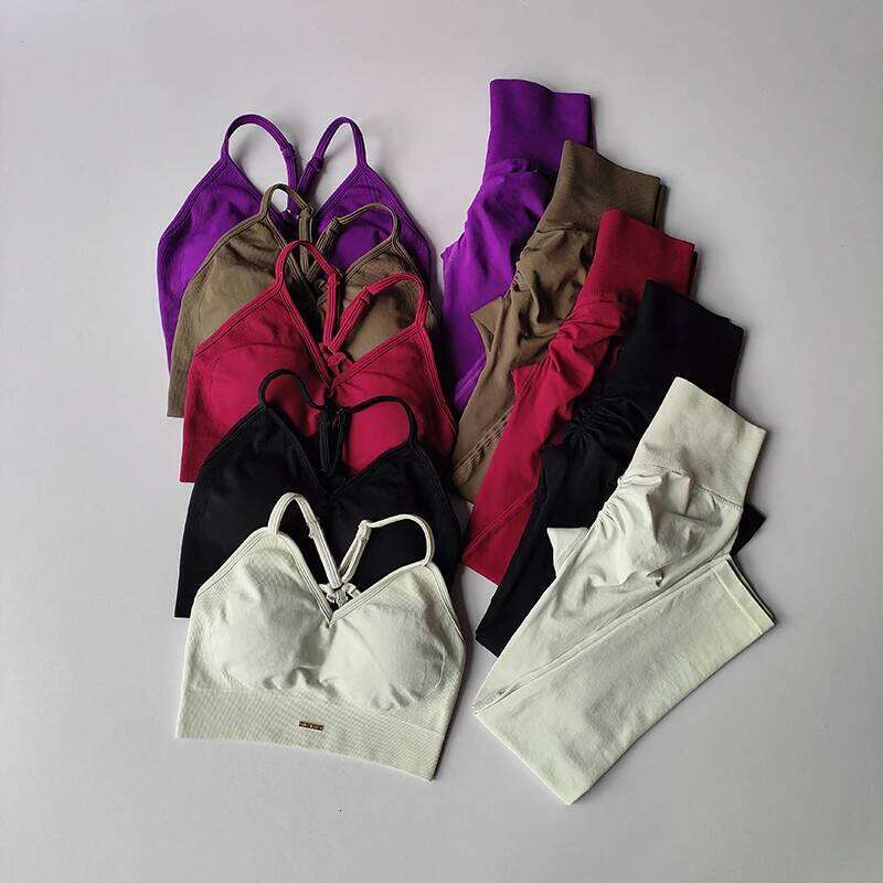 Seamless Hip Lifting Fitness Women's V-neck Bra Leggings Yoga Set Quick Drying Exercise Iron Massage High Fat Tight Pants 26H0311