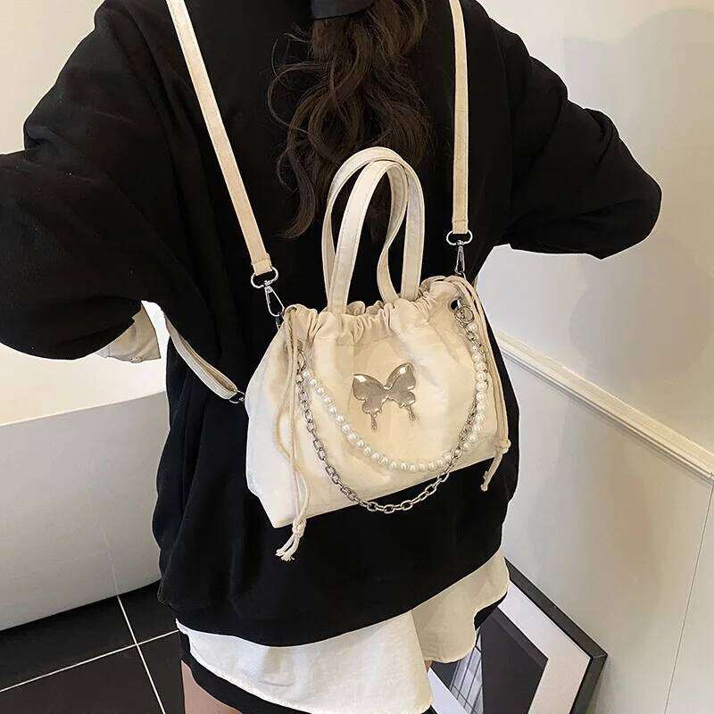 Fashion Butterfly Drawstring Shoulder Bags for Women Casual Soft Leather Ladies Backpack Tote Commuter Girls Pearl Chain Handbag XJ260311