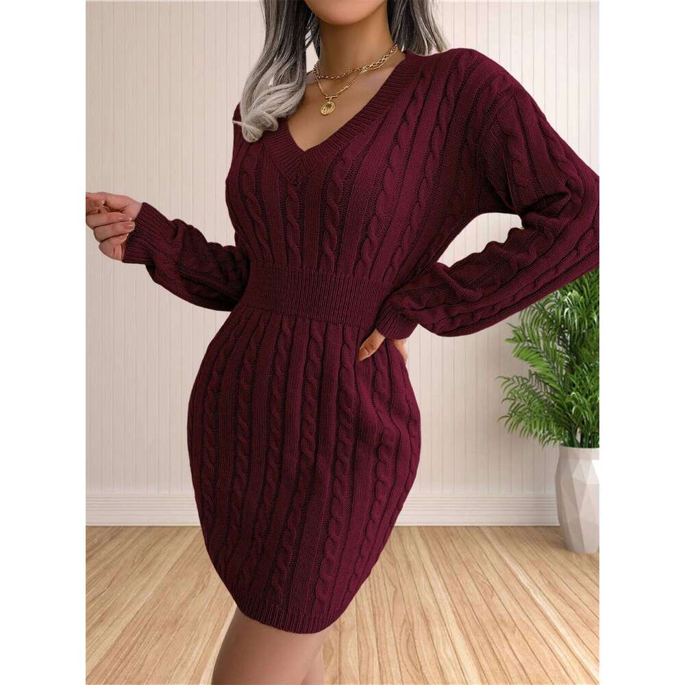 Women Dresses Cocktail V Neck Knitted Sweater Sheath Dress Z260311