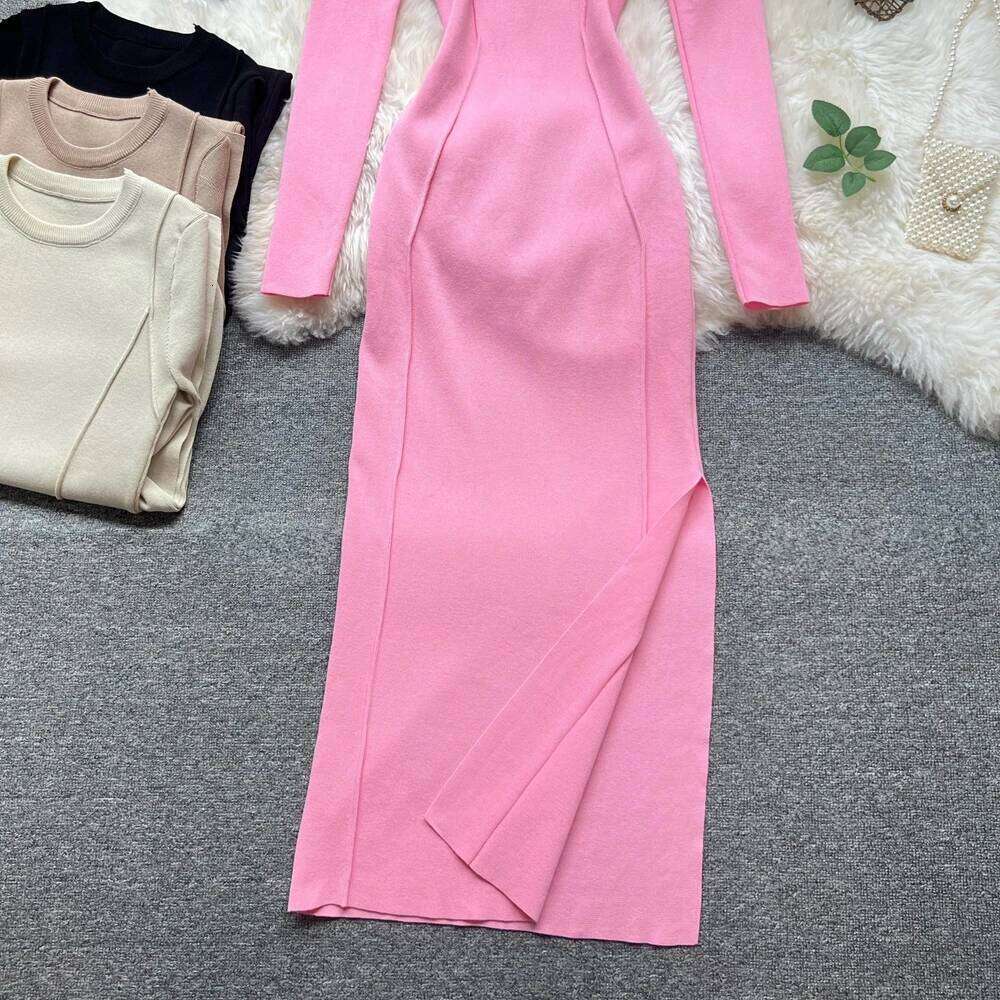 YuooMuoo Ins Hot Split Sexy Wrap Hips Knitted Dresses Women 2025 Autumn Winter Long Sleeve Bodycon Sweater Dress Streetwear Robe Z260311