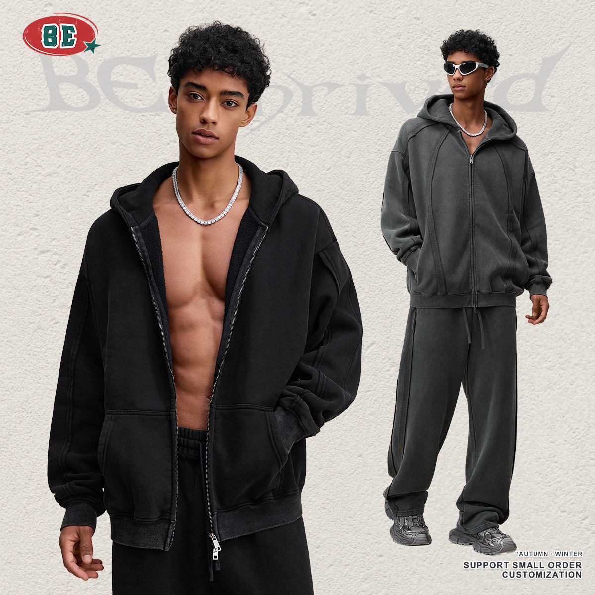 BE Mens Clothing 2025 Autumn American Style Trendy Brand Fleece Snowflake Zipper Sweatshirt Straight-Leg Pants Set for Men 250227