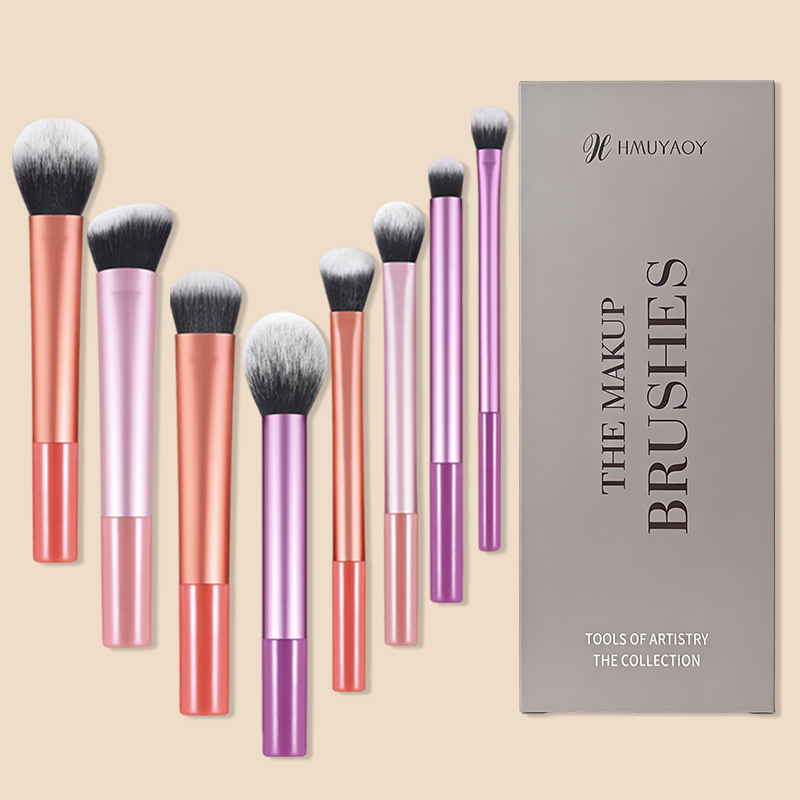 8-piece high-end daily essential makeup brush set, colorful long handles, resin short handles, thick aluminum tubes, soft and skin-friendly synthetic 
