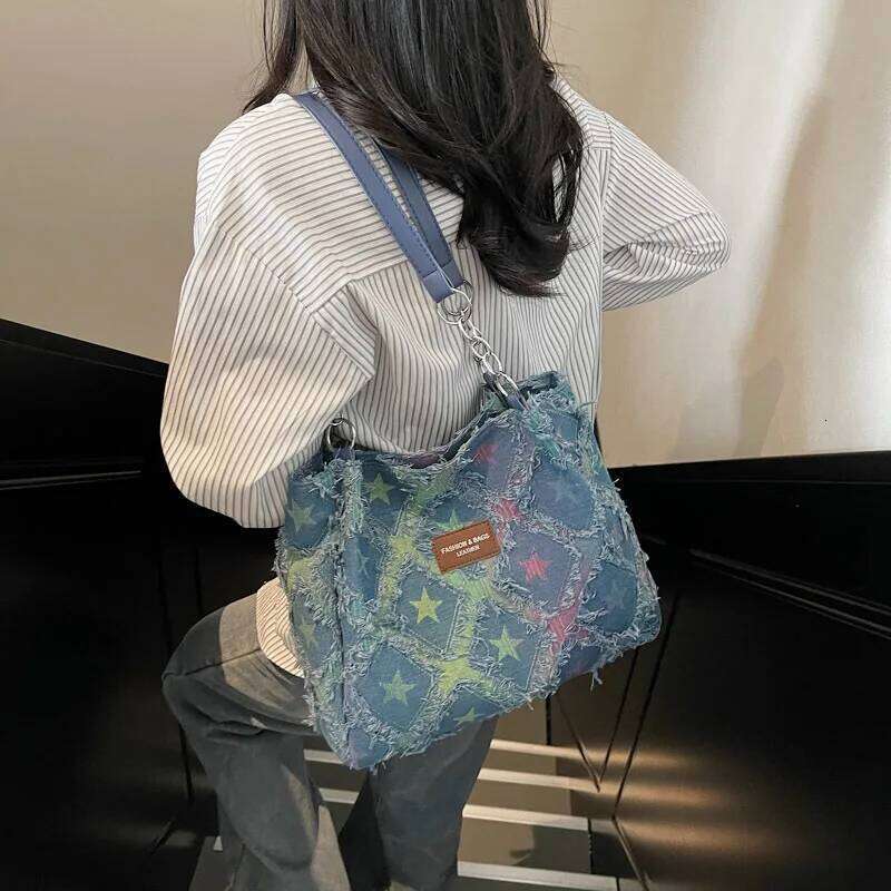 Vintage Plaid Tassel Design Denim Shoulder Bags for Women Large Capacity Ladies Casual Tote Bag Versatile Star Female Handbags XJ260311