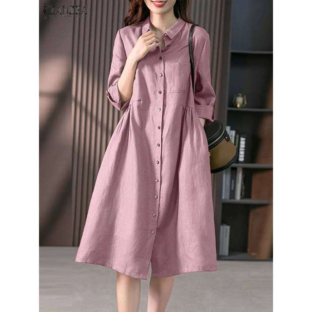 2024 Spring Causal Shirt Dress Women Long Sleeve Solid Dresses ZANZEA Fashion Lapel Neck Midi Vestidos Holiday Sundress Oversize Z260311