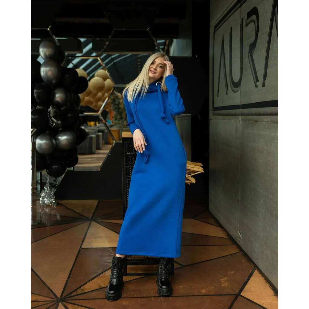 Women Fashion Autumn Winter New Loose Large Knitted Hooded Long Velvet Hoodie Casual Splicing Warm Dress Z260311