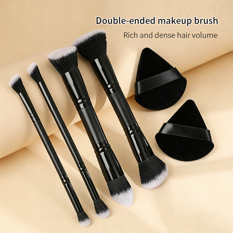 6Pcs Double-ended Multifunctional Makeup Brush & Puff Set, Black & Silver Premium Synthetic Bristles, Solid Wood Handle, Portable Dual-sided Brush, Al