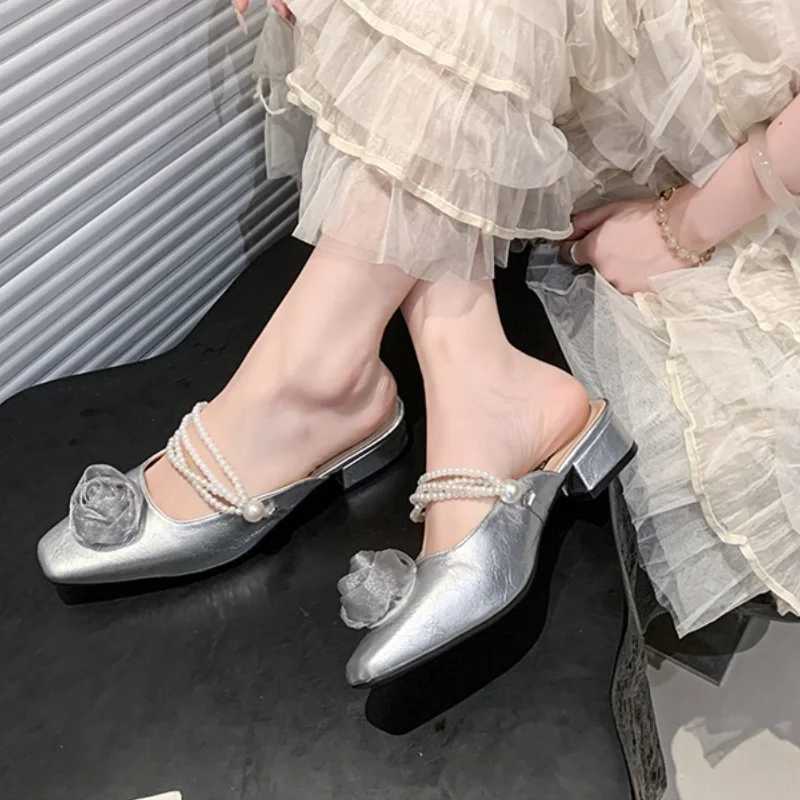 Elegant Mid Heels Women Flower Bead Heeled Shoes 2025 Fashion New Sandals Pumps Summer Trend Square Toe Shallow Slides K260311