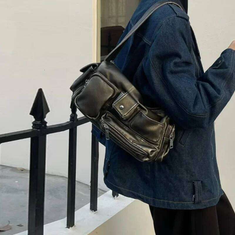 Women Y2k Leather With Wide Shoulder Strap Zipper Handbag Creative Multi Pocket Design Underarm Motorcycle Bag XJ260311