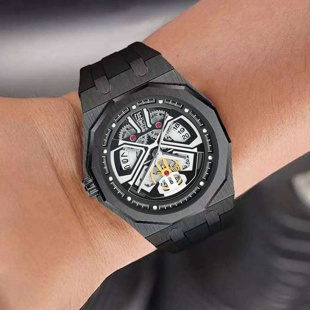 Mens Classic Skeleton Punk Watches Quartz Movement Silicone Strap Hollowed Dial Fashion Design Waterpoorf Elegant Black Watch