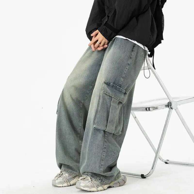 Summer Wide-leg Work Jeans Men Loose Washed Retro High Street Floor-length Trousers Z260225
