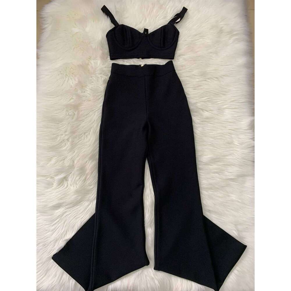 Women New Arrival Sexy Low Cut Strap Bra Top High Waist Flare Pants Two Piece Bandage Set Elgant Fashion Party Wear Vintage MAKOUFEI