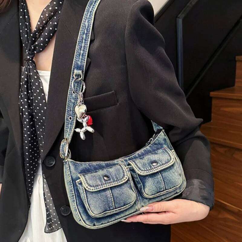 Vintage Denim Shoulder Underarm Bags for Women Portable Spicy Cool Girl Y2K Handbag Double-pocket Design Ladies Armpit Bag Purse XJ260311