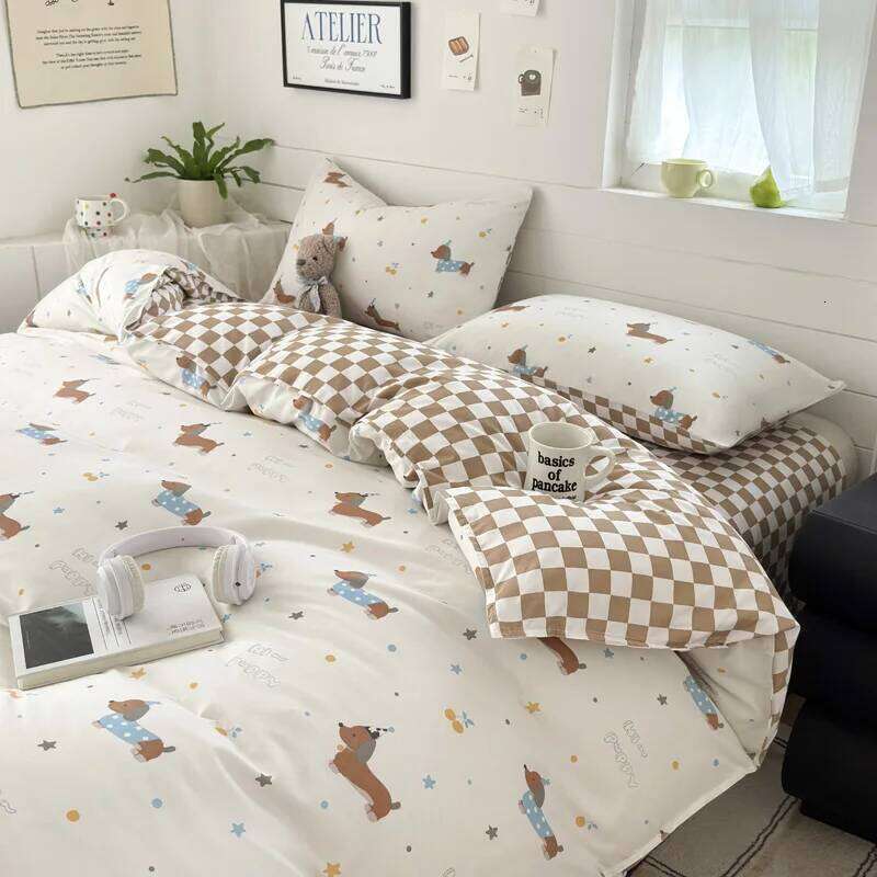 Beige Bear Printed Grid color Bedding Set Cute Dog Duvet Cover Pillowcase Soft Comfortable Bed Sheet For Bedroom 200x230cm 4pcs H260311 - view 5