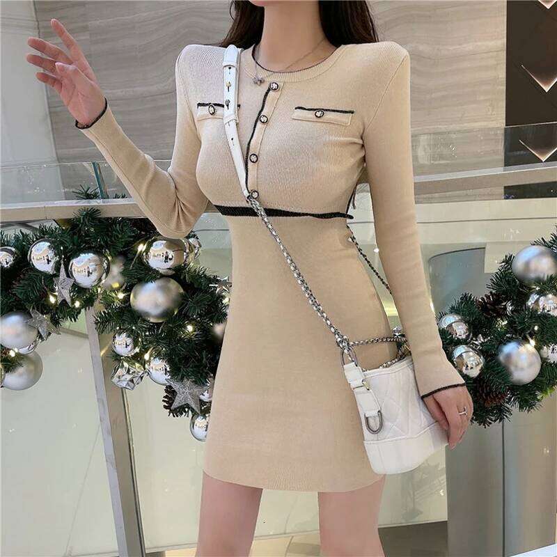YuooMuoo Chic Fashion Sexy Package Hips Knitted 2025 Autumn Winter Slim Waist Bodycon Sweater Dress Office Lady Vestidos Z260311