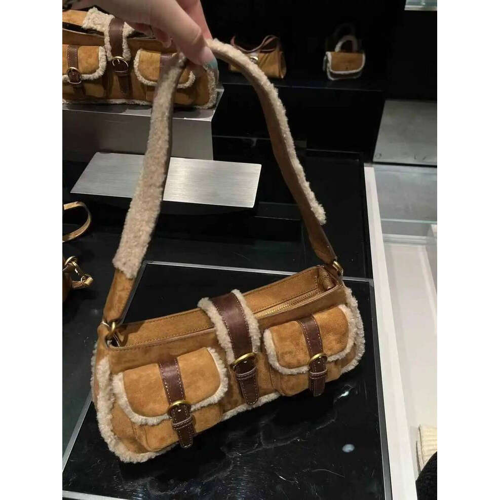 OLOEY Women Retro Imitation Suede Pocket Backpack Versatile Lamb Wool Double And One Shoulder Autumn Winter New Khaki Handheld Bag