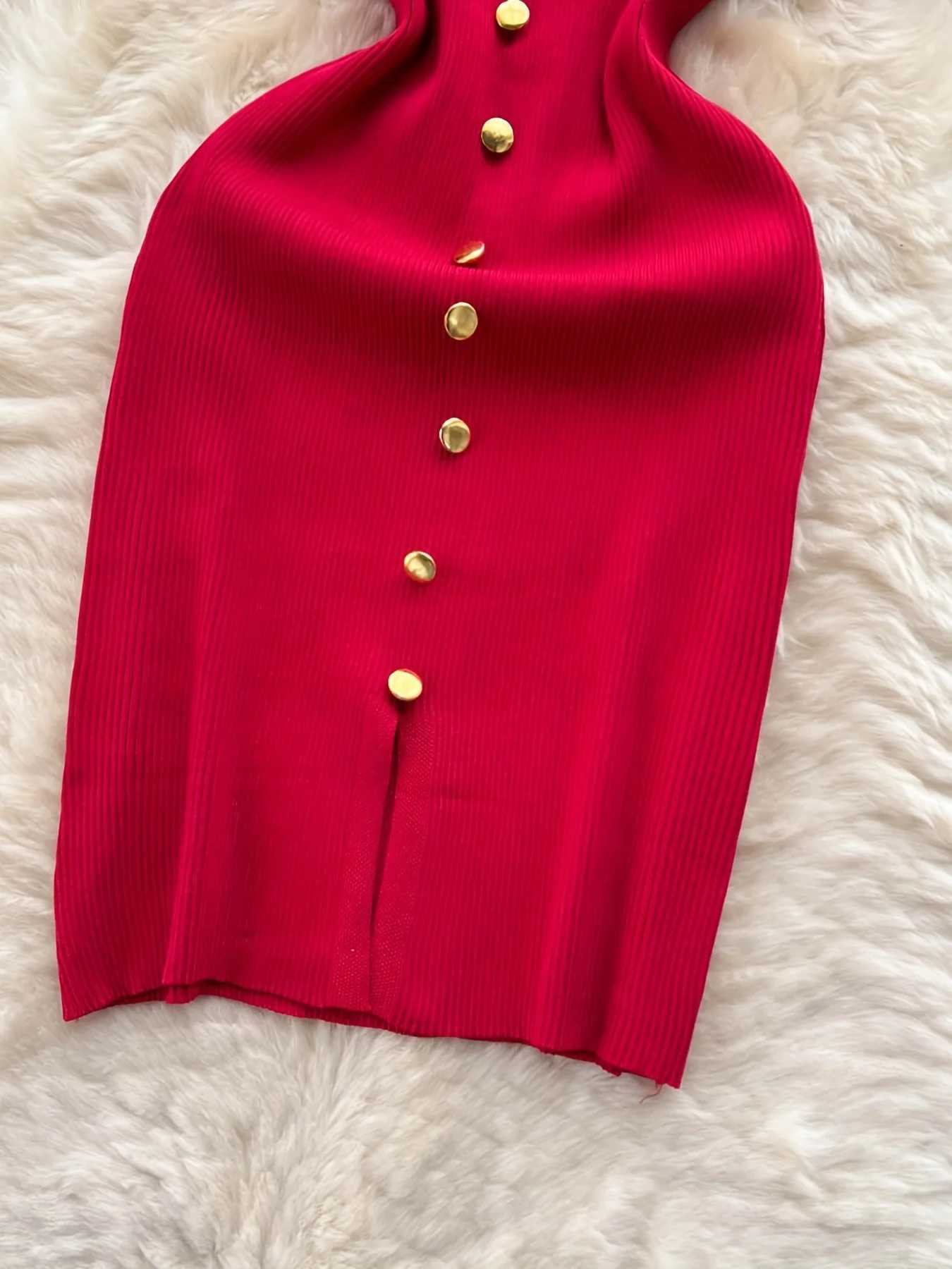 2024 Solid Button Front Spaghetti Dress Sexy Split Knit Cami Dress Bodycon Womens Clothing Outfits Split M260311