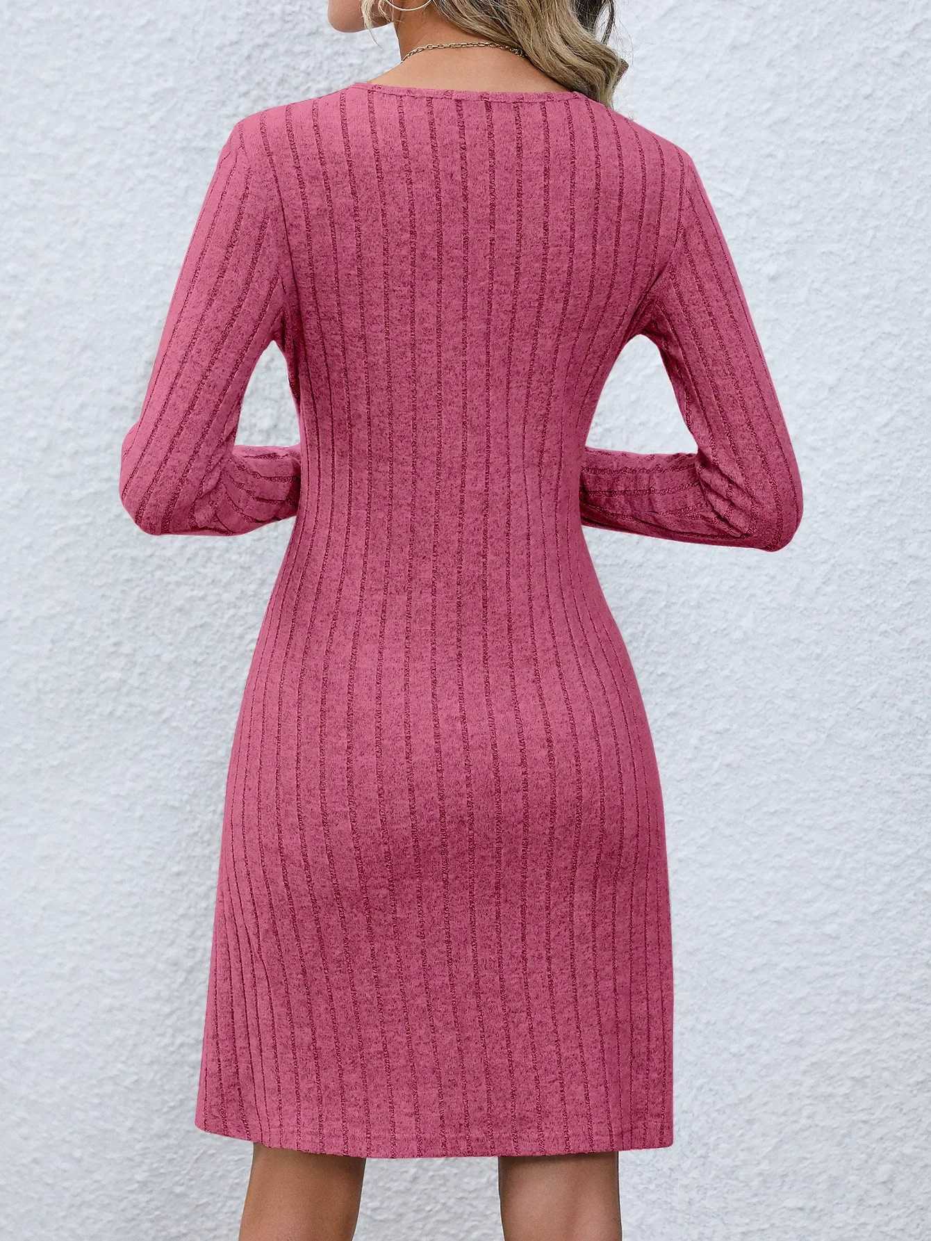 Fashion Solid Ribbed Knitted Mini Dress Women Button Long Sleeve A Line Dresses 2023 Autumn Lady Streetwear Robe M260311