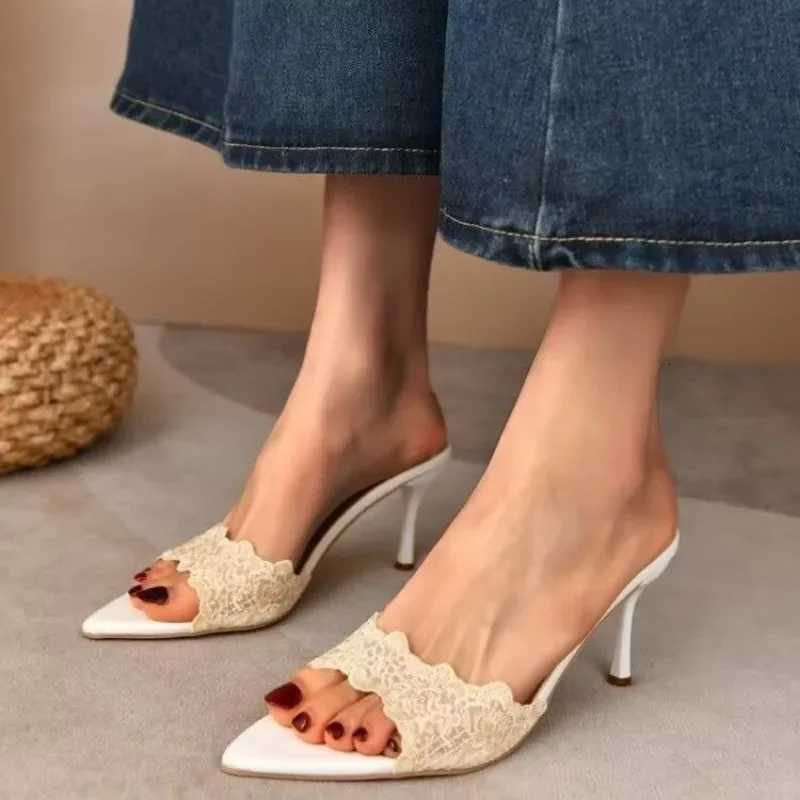 French champagne lace embroidered pointed high-heeled womens versatile sexy celebrity fish mouth stiletto sandals K260311