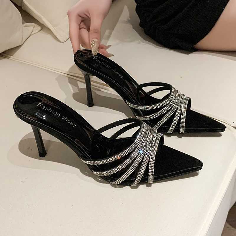 Sexy High Heels Slipper Women Summer Fashion CRYSTAL Narrow Band Pointed Toe Slides Stripper Party Sandal Mule Shoes K260311
