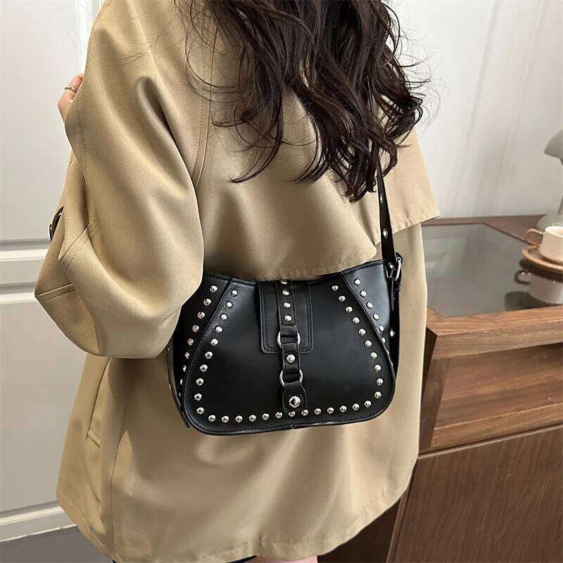 Vintage Rivet Thread Design Shoulder Bags for Women Versatile Ladies Pu Leather Crossbody Bag Solid Color Female Handbags Zipper XJ260311