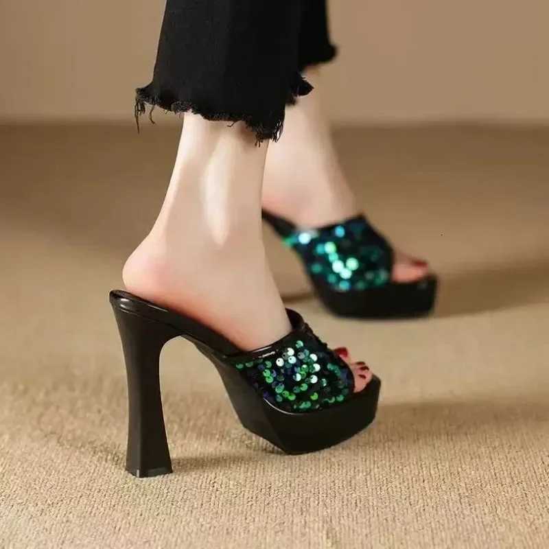 Black Thick Sole Slippers Women 11cm Thin High Heels Bling Sequined Transparent Crystal Platform Sandals 2024 Summer Woman Shoes K260311