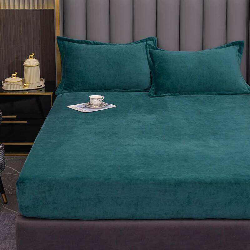 3pcs Green Flannel Fitted Solid Color Bedding Winter Warm Plush Bed Set Home Bedroom Decor Deep Pocket Sheet H260311 - view 3