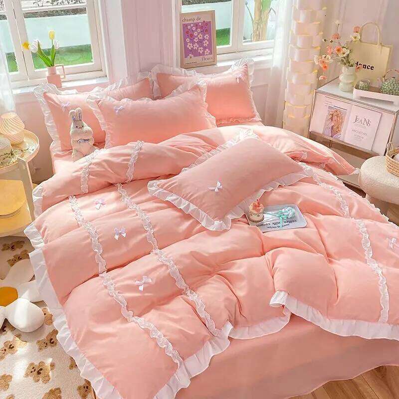 Kawaii Korean Bedding Sets No Filling Ins Princess Style Lace Bow Duvet Cover Fitted Sheet Girl Woman Home Bedroom Bed Linens H260311