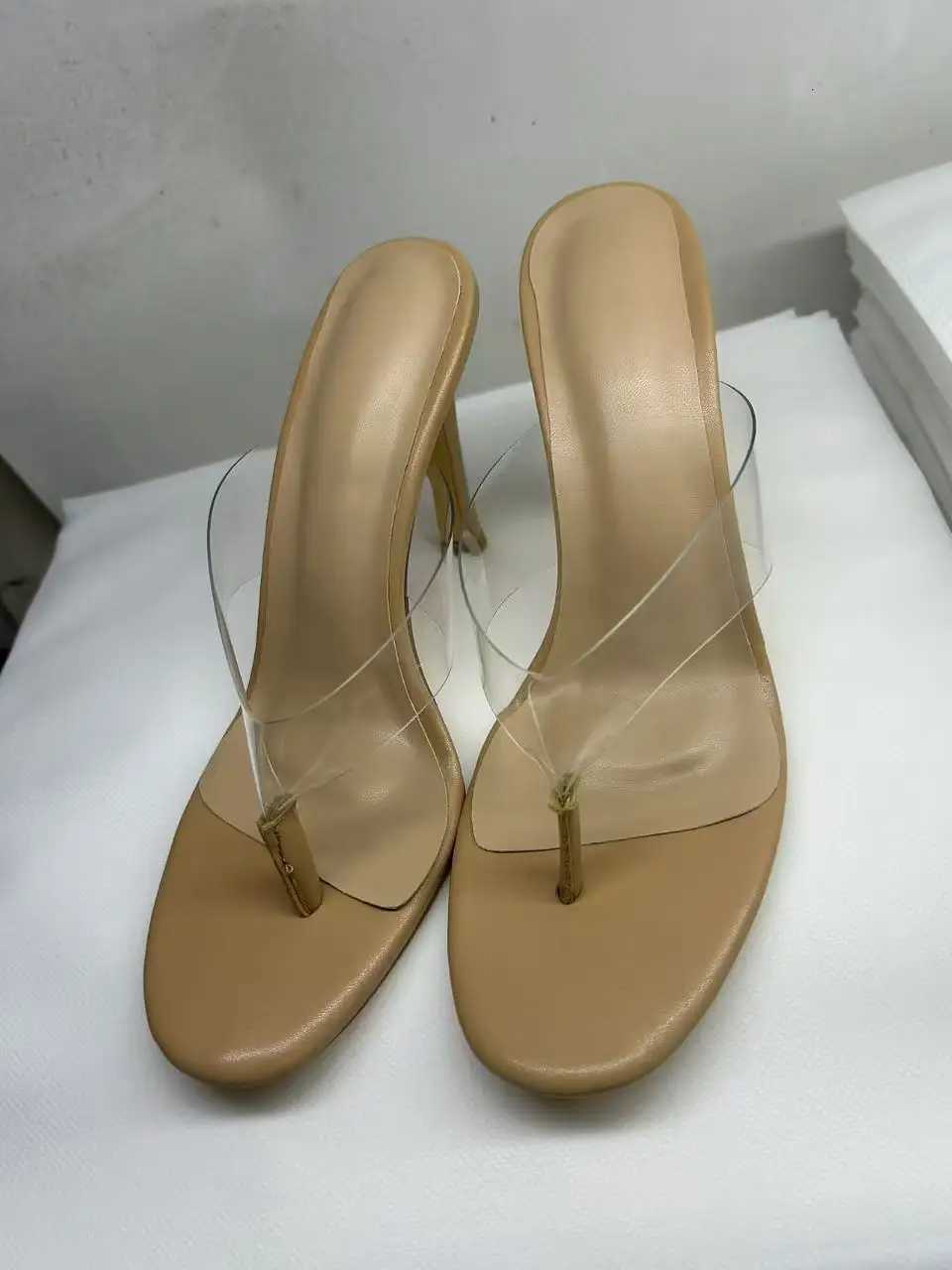 Fashion Womens PVC Thong Mule Sandals High Heels Shoes Ladies Summer Dress Footwear for Summer Black Beige Aimirlly K260311