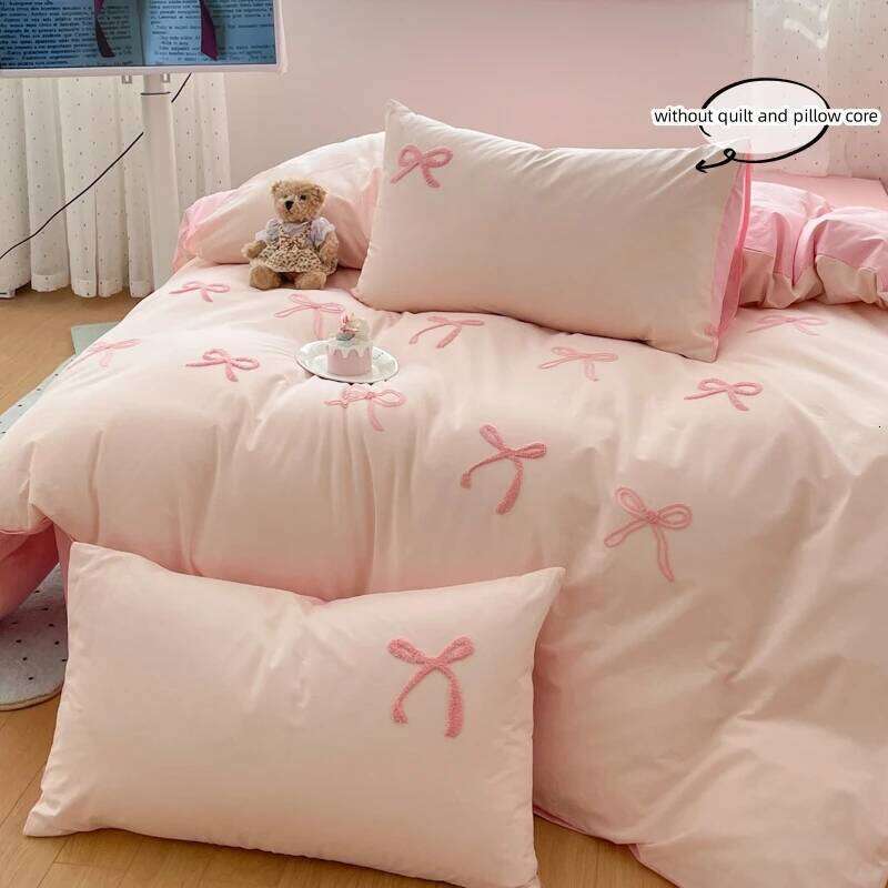 3 Piece Sheet Pink Bowknot Quilt Set, Comfortable Embroidery Bedding Set Bedspread for All Seasons H260311