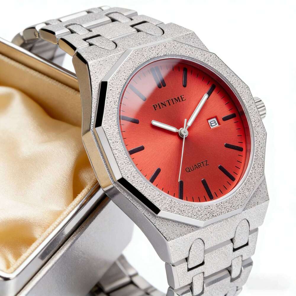 Octagon Wristwatch Glitter Textured Case Purple Dial Date Display Quartz Unisex Stylish Trendy Casual Fashion Watch