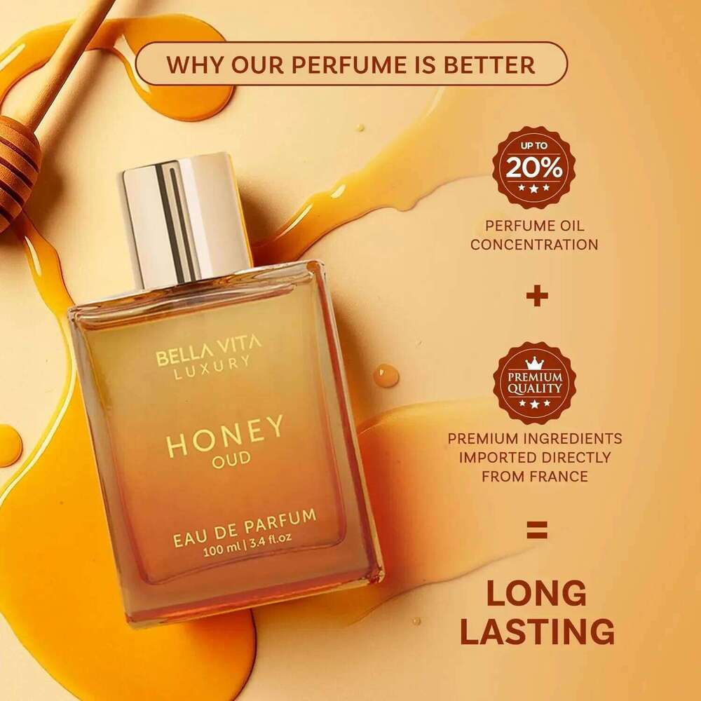 BellaVita Honey Oud EDP 3.4oz Warm Amber Vanilla Perfume, Long Lasting Unisex Scent, Holiday Gift for Christmas Halloween Z260311