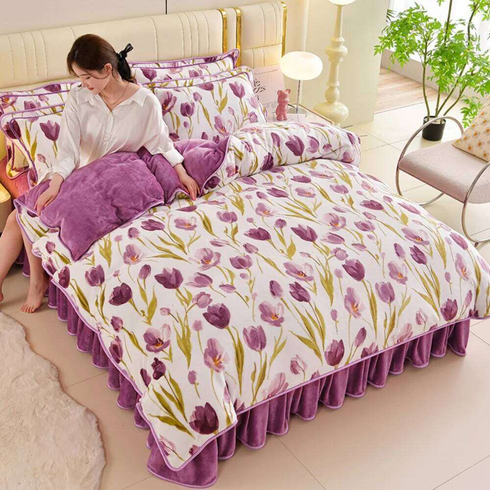 Milk Velvet Winter Warm Four Piece Soft Thickened Bedding Quilt Pillowcase Bed Sheet Anti-static Duvet Cover Set H260311 - view 3
