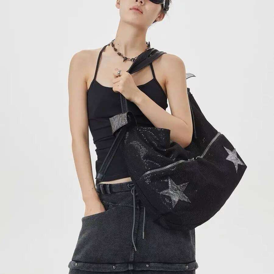 JIAERDI Star Black Large Capacity Tote Women Hot Girls Beading Y2k Shoulder Messenger Bag Female Harajuku Aesthetic Handbag XJ260311