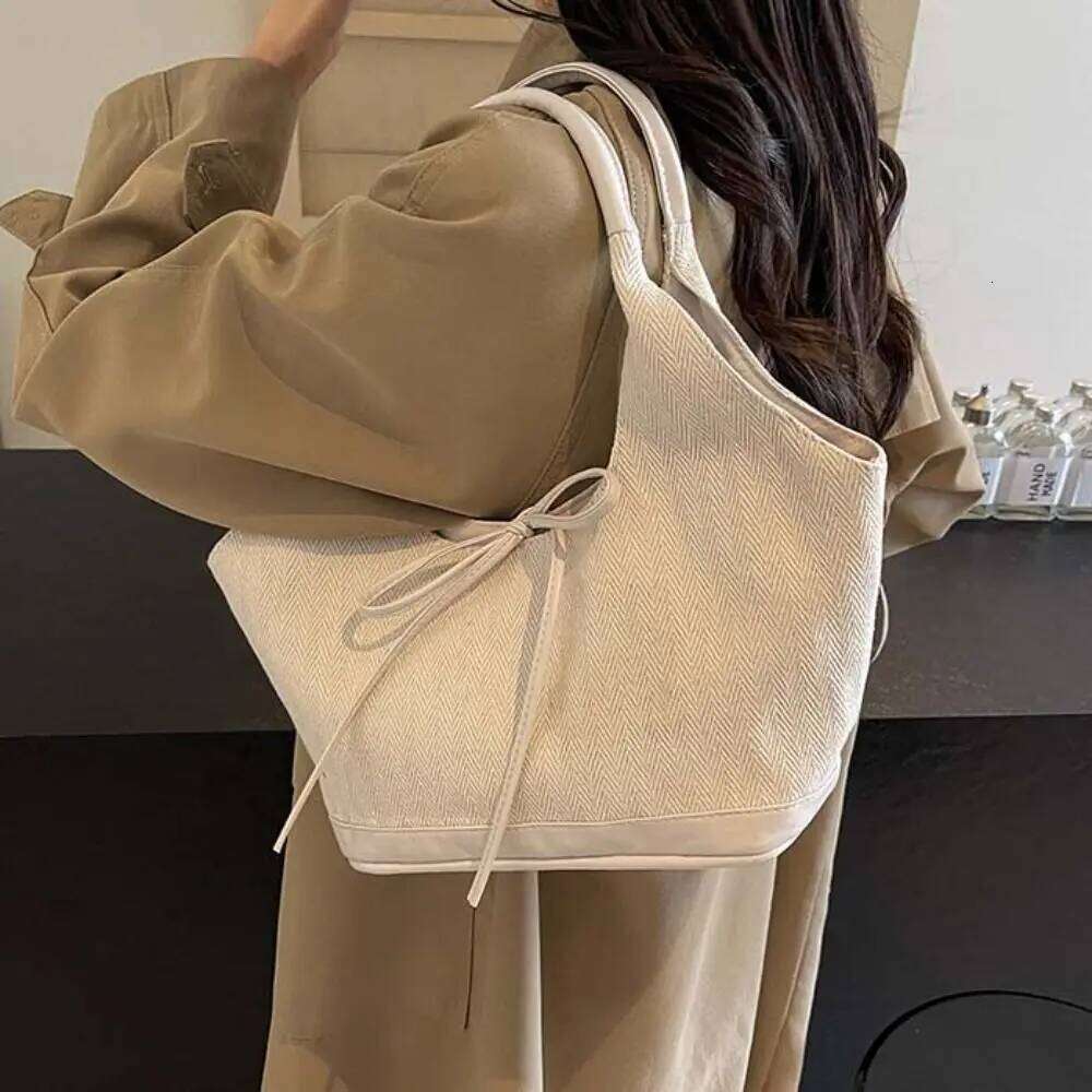 Portable Korean Style Canvas Tote Handbag Underarm Cloth Bow Shoulder Bag Pure Color Large Capacity Girls XJ260311