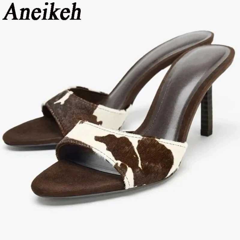 Aneikeh Summer Fashion Design Animal Print Leather Pointed Toe Thin Heels Women Female Mules Sandals Slide Shoes K260311