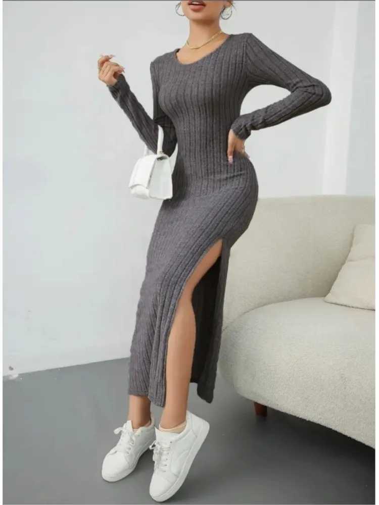 Autumn Winter Womens New Solid Color Long Sleeved Round Neck Sexy Slit Knitted Long Casual Comfortable Dress For Women M260311