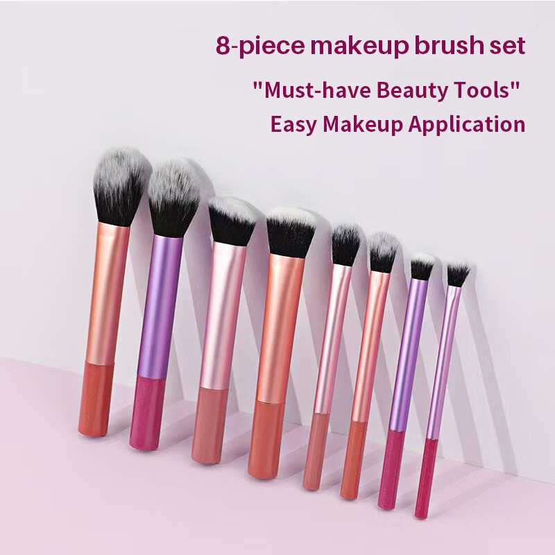 8-piece high-end daily essential makeup brush set, colorful long handles, resin short handles, thick aluminum tubes, soft and skin-friendly synthetic 
