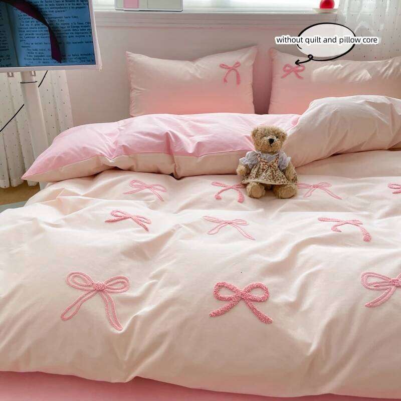 3 Piece Sheet Pink Bowknot Quilt Set, Comfortable Embroidery Bedding Set Bedspread for All Seasons H260311