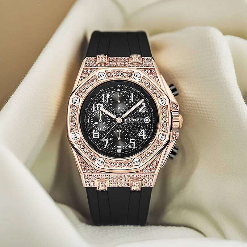 PINTIME Men's Watches Diamond Quartz Wristwatches Waterproof Luminous Chronograph Wristwatch Time Clock Sport Watch for Men